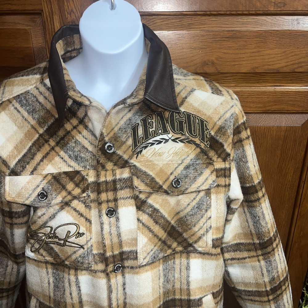 Smoke Rise Men's Vegan Leather Collar Plaid Shacket Shirt XL Maple League - Picture 2 of 15